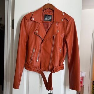 Vibrant Orange Leather Biker Jacket